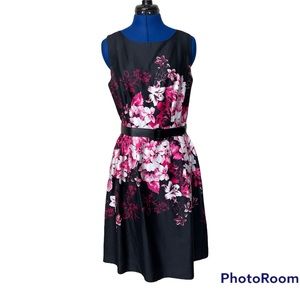 Chetta B Black Floral Sleeveless Belted Full Skirt Cotton Round Neckline…